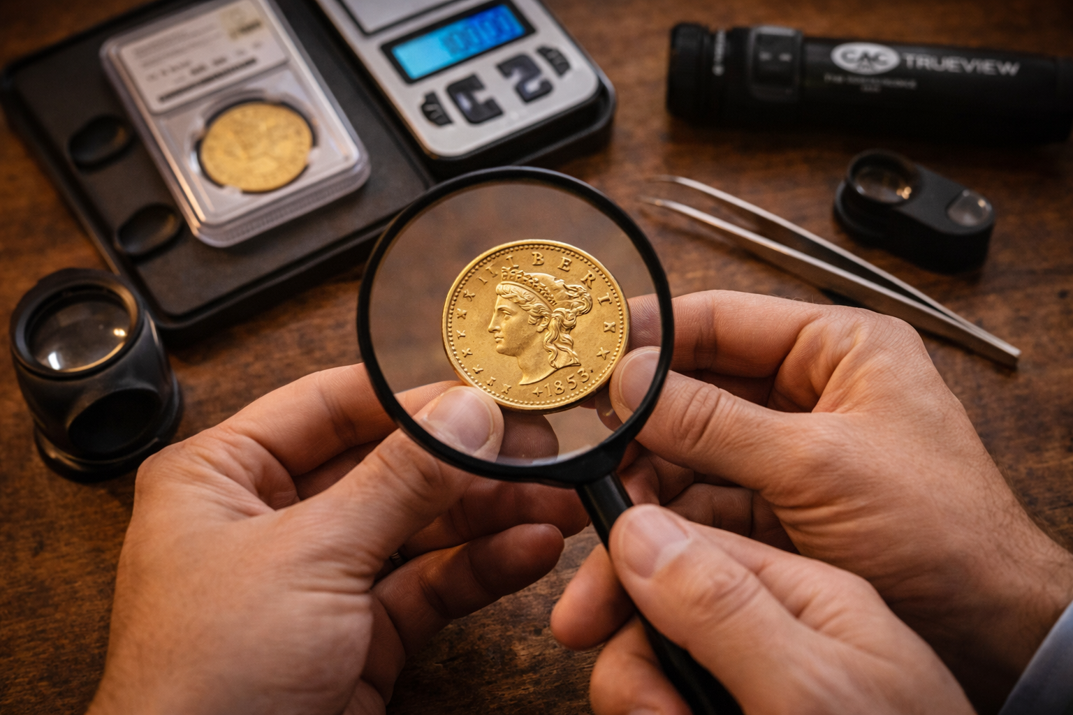 Authenticating a rare coin with professional tools